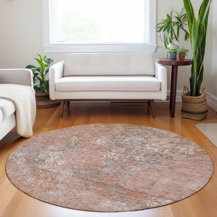 8' Abstract Washable Round Rug With UV Protection - Salmon