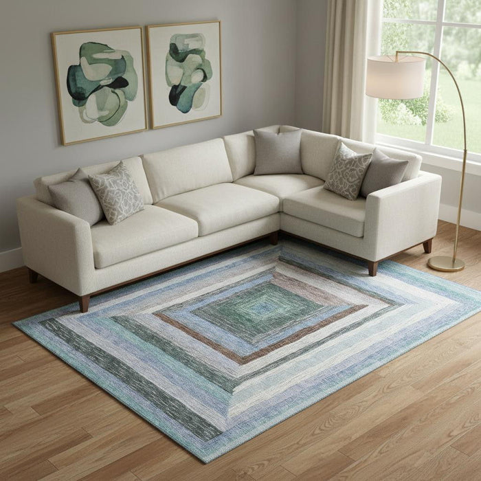 10' X 14' Geometric Washable Area Rug With UV Protection (709330) - Denim Blue / Ivory / Brown