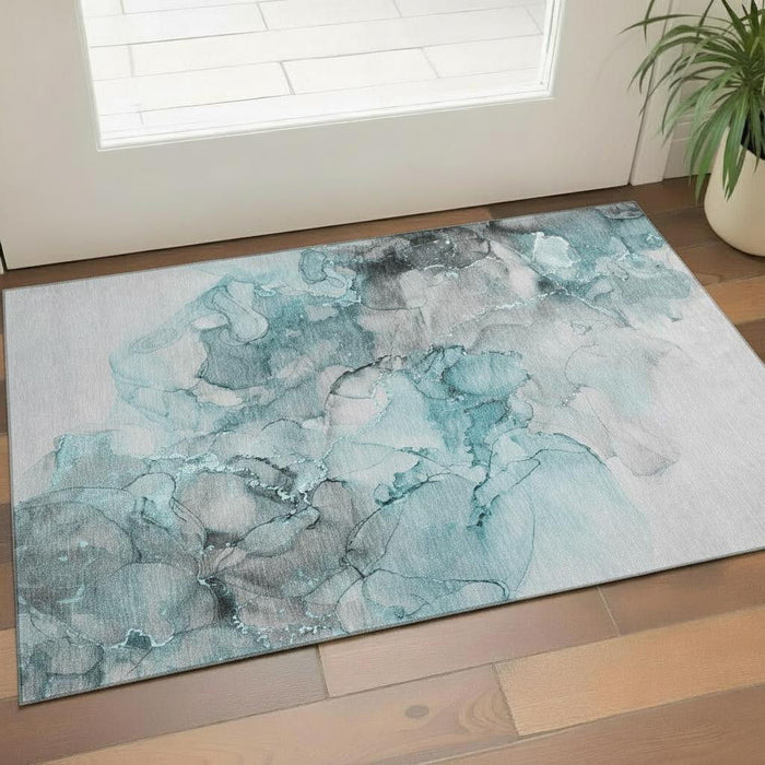 3' X 5' Abstract Washable Area Rug With UV Protection (647315) - Teal / Gray / Ivory