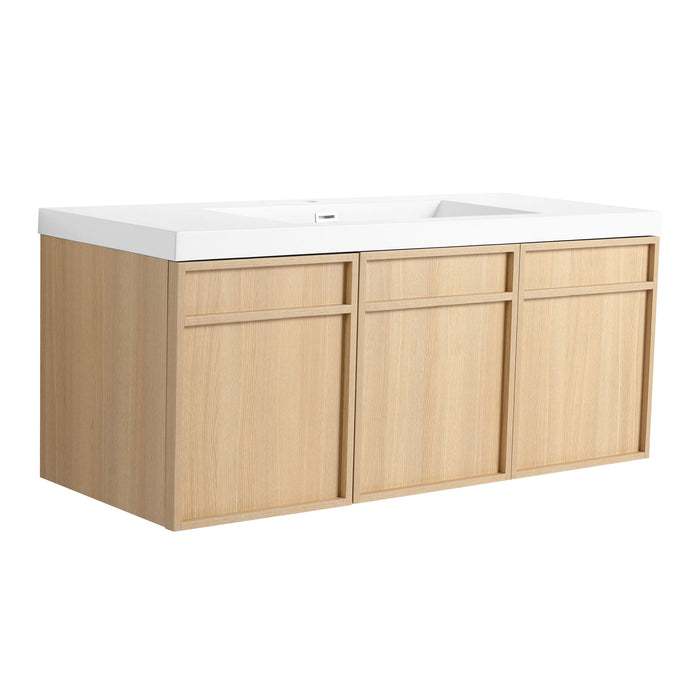 Giga wall-mounted bathroom vanity with resin sink, soft closing doors, modern design, and sleek finish.