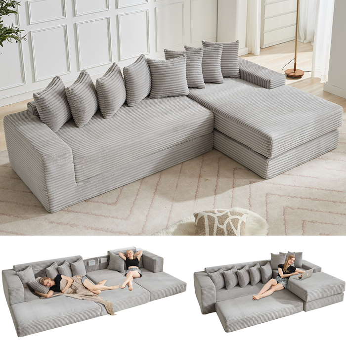 [NEW ARRIVED] [VIDEO PROVIDED] Oversize Cloud Couch, L-Shape Sofa, Convertible Floor Sleeper Sofa Bed, No Assembly ,Eight pillows,3-in-1,Magazine bag,(Right Facing Sofa),Corduroy,Light Gray