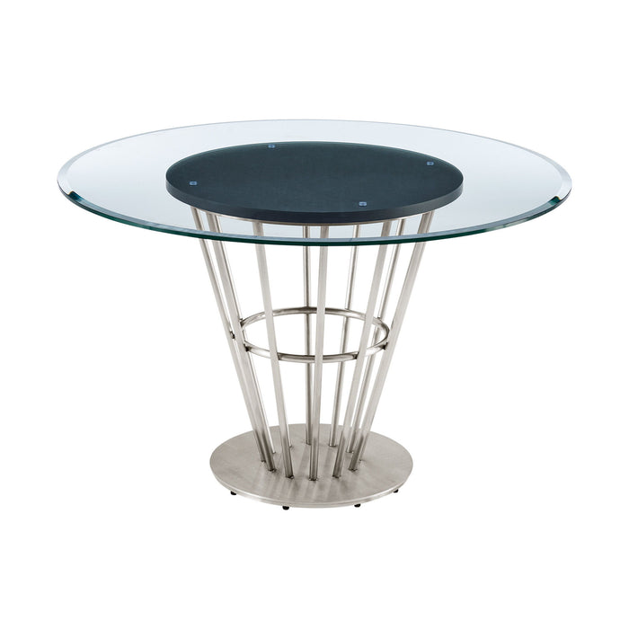 48" Glass And Stainless Steel Pedestal Base Round Top Dining Room Table - Brown