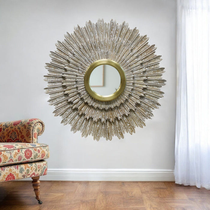 44" Antiqued Sunburst Framed Accent Mirror - Gold