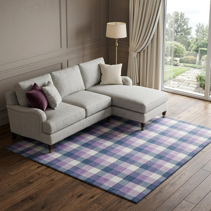 10' X 14' Plaid Washable Area Rug With UV Protection (682565) - Navy Blue / Ivory / Purple