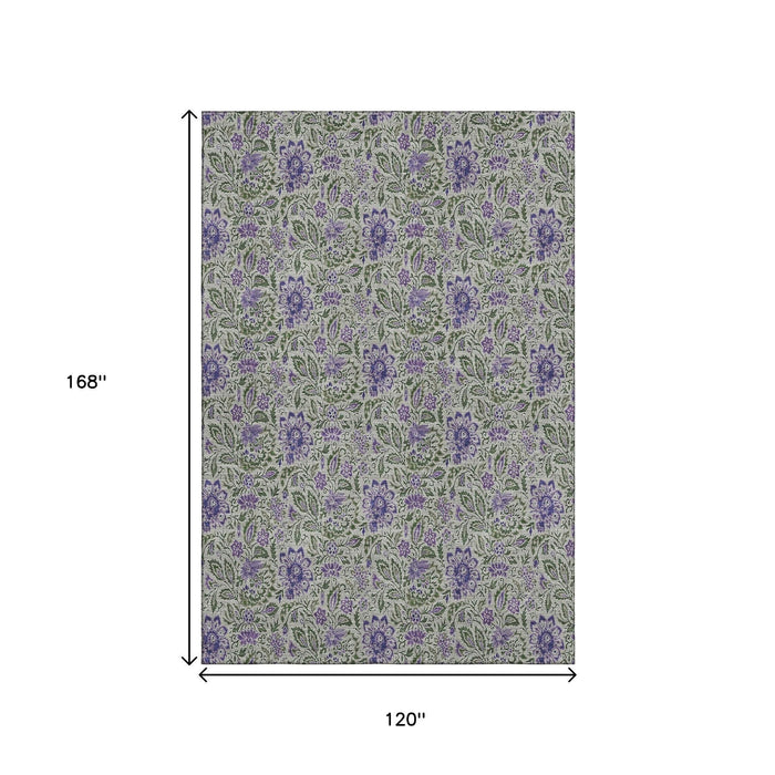 10' X 14' Floral Washable Area Rug With UV Protection (655000) - Olive Green / Purple