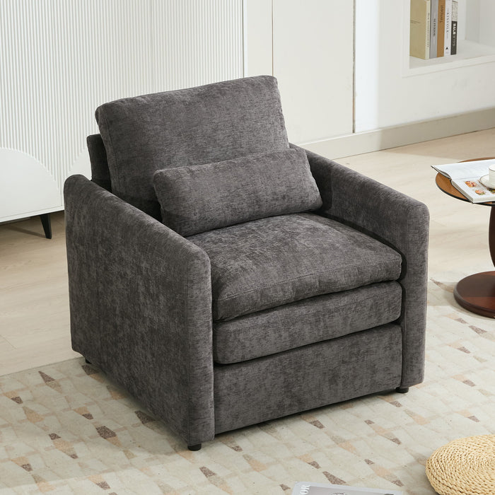 Giga cozy upholstered cushion armchair with plush fabric and wooden legs, ideal for a modern living room.