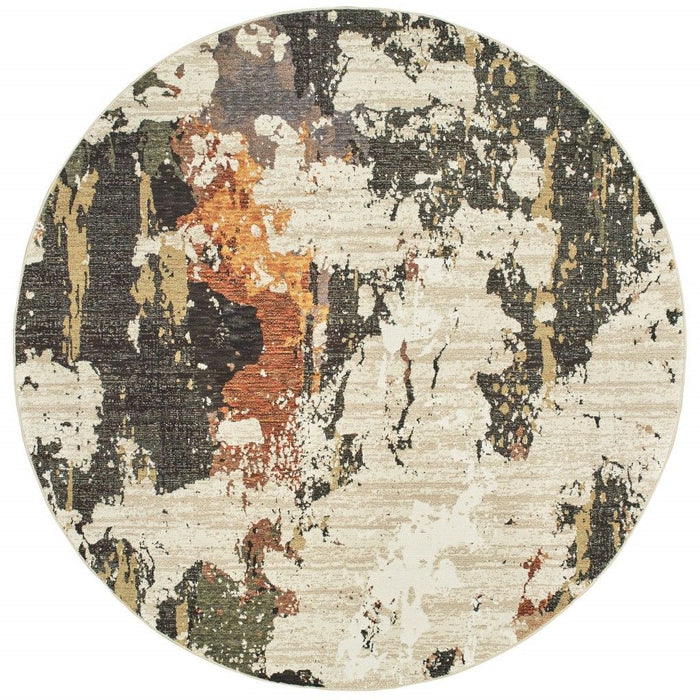 8' Round Power Loom Area Rug - Beige And Black