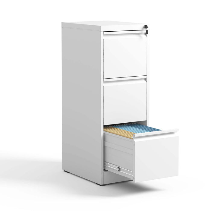 Giga steel vertical file cabinet with lock, suitable for A4, legal, and letter-sized documents, featuring multiple drawers.