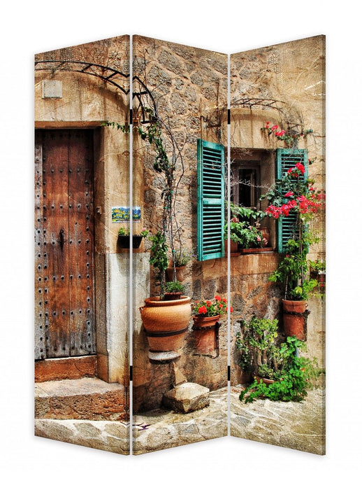 Romantic European Street Three Panel Room Divider Screen - Brown
