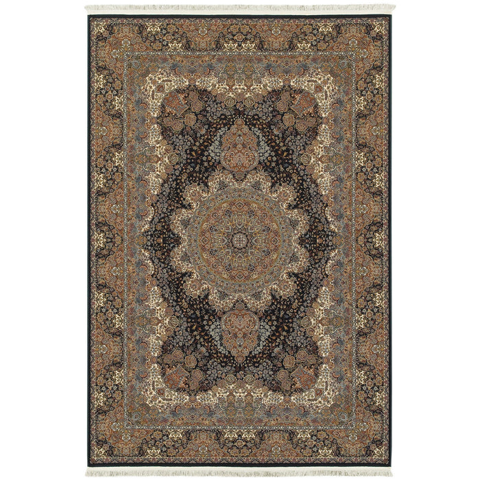 8' X 11' Medallion Area Rug With Fringe (574467) - Dark Blue / Black / Teal