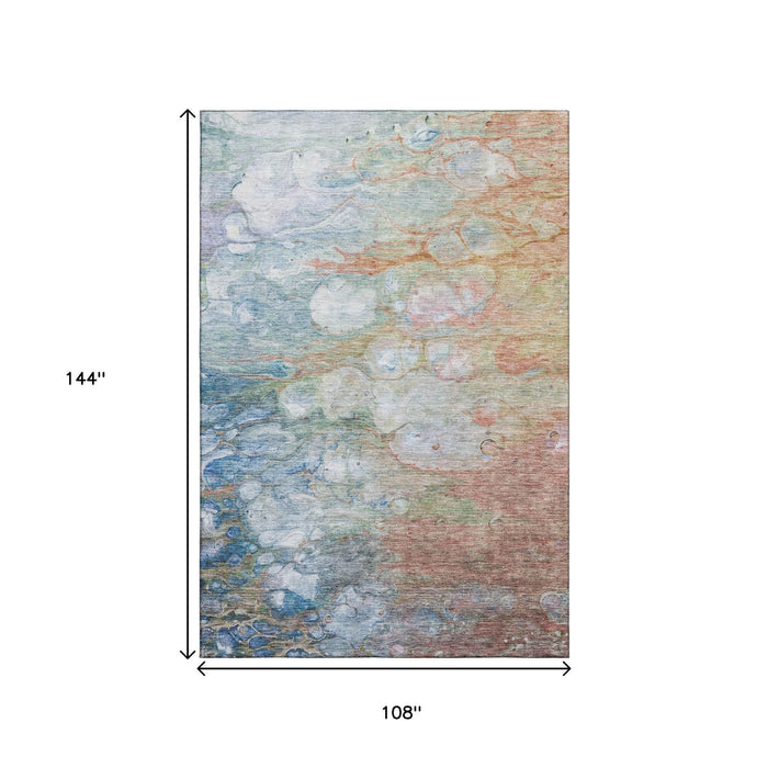 9' X 12' Abstract Washable Area Rug With UV Protection (656716) - Coral / Blue / Ivory