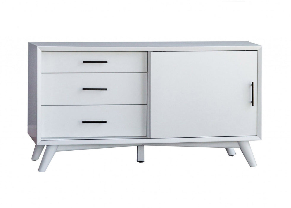 White Mahogany solids and Okoume veneer TV stand with enclosed storage and open shelf for home entertainment.