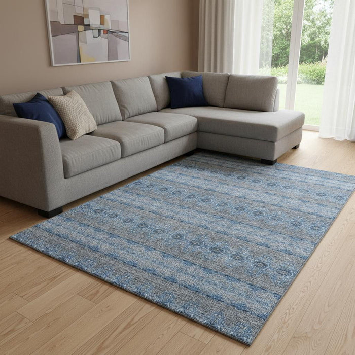 10' X 14' Floral Medallion Washable Area Rug With UV Protection (651334) - Navy Blue / Gray / Ivory