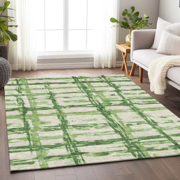 10' X 14' Striped Washable Area Rug Polyester With UV Protection - Green And Ivory