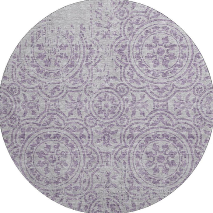 8' Medallion Washable Round Rug With UV Protection - Lavender / Ivory