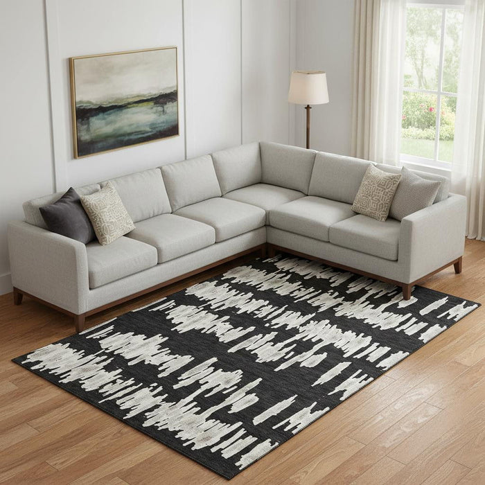 10' X 14' Striped Washable Area Rug With UV Protection (671948) - Black / Ivory