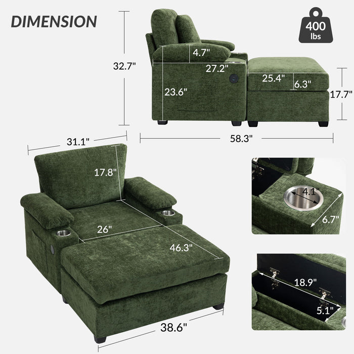Giga modern oversized stationary chair with matching ottoman, cupholders, and USB charging ports in a cozy living room setting.