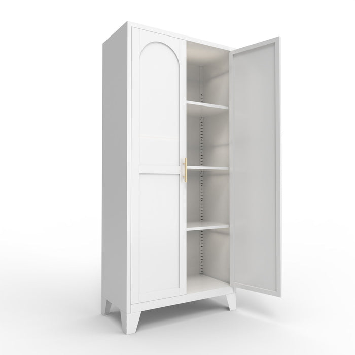 White Giga metal storage cabinet with two doors and adjustable shelves, ideal for bedroom or living room organization.