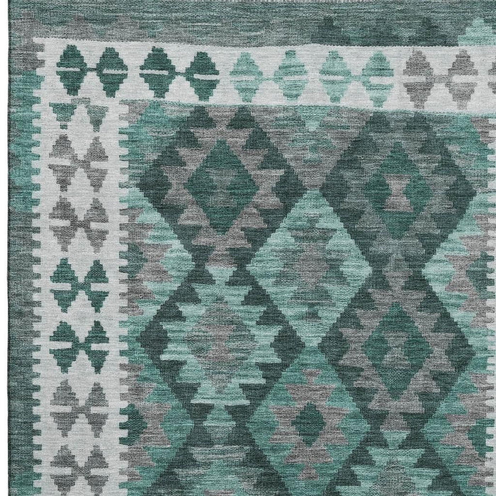 10' X 14' Tribal Washable Area Rug With UV Protection (707971) - Pale Aqua / Ivory