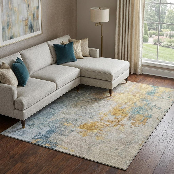 10' X 14' Abstract Washable Area Rug With UV Protection (687101) - Linen / Gold / Teal
