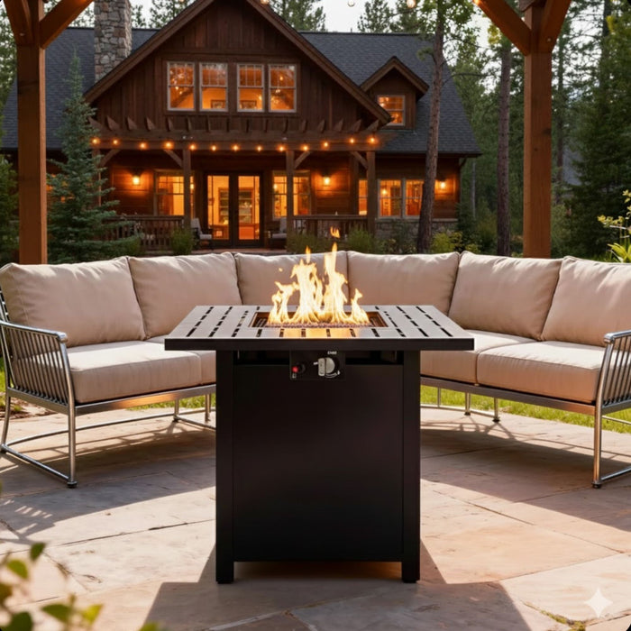 Giga Square 2-in-1 outdoor propane fire pit table in black with stainless steel burner, lava rocks, lid, and waterproof cover.