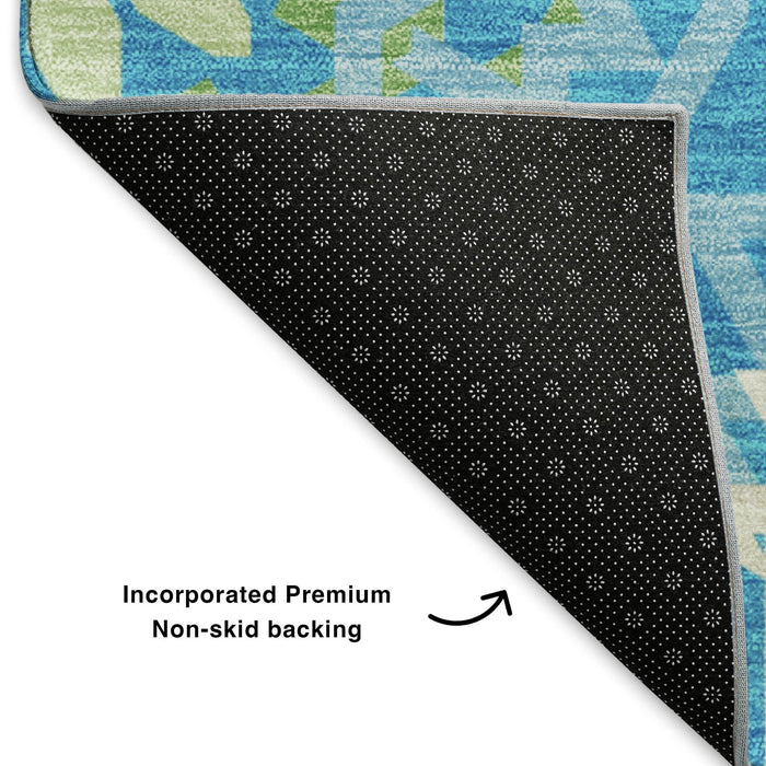 8' X 10' Geometric Washable Area Rug With UV Protection (652201) - Blue / Ivory / Olive Green