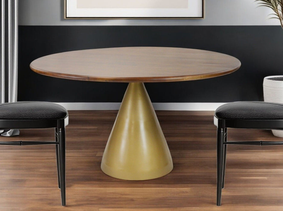 48" Rounded Solid Wood And Iron Pedestal Base Dining Table - Brown