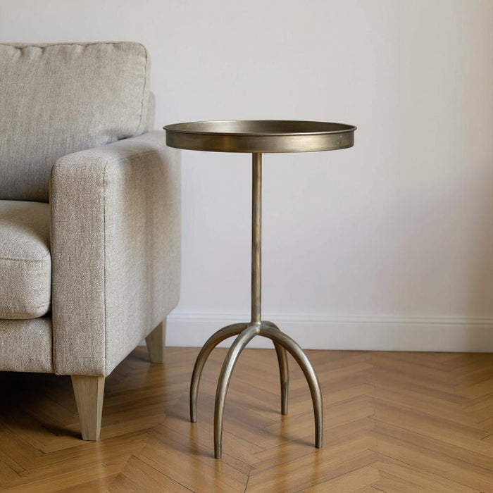 23" Distressed Iron Round Pedestal Tray Top End Table - Brass