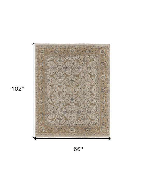 6' x 9' Wool Oriental Hand Knotted Area Rug With Fringe - Ivory Gray And Tan