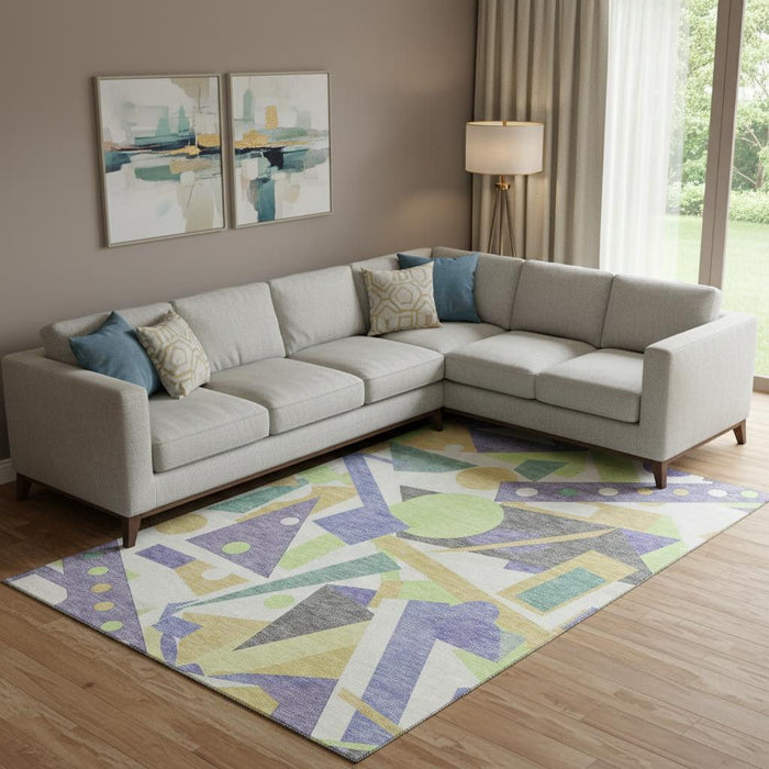 10' X 14' Geometric Washable Area Rug With UV Protection (697392) - Lavender / Lime Green / Gold