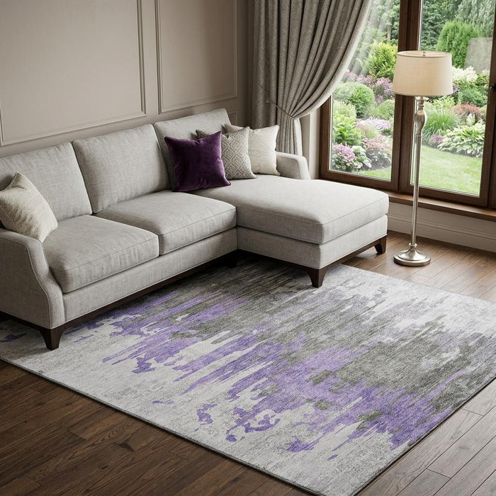 10' X 14' Abstract Washable Area Rug With UV Protection (656951) - Purple / Gray / Ivory