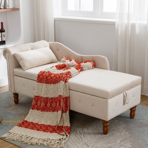Giga indoor chaise lounge chair with storage, pillow, nailhead trim, upholstered rolled arms, ideal for bedroom or living room use