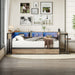 Gray Giga corner twin bed frame with built-in bookcase, underbed storage drawers, LED light, charging station, reversible design.