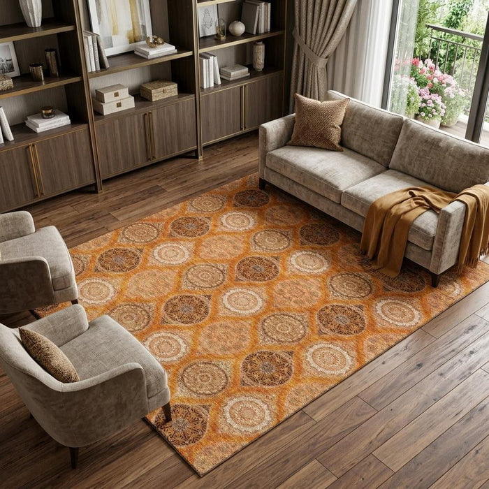 10' X 14' Ogee Washable Area Rug With UV Protection (677112) - Orange / Ivory / Gray