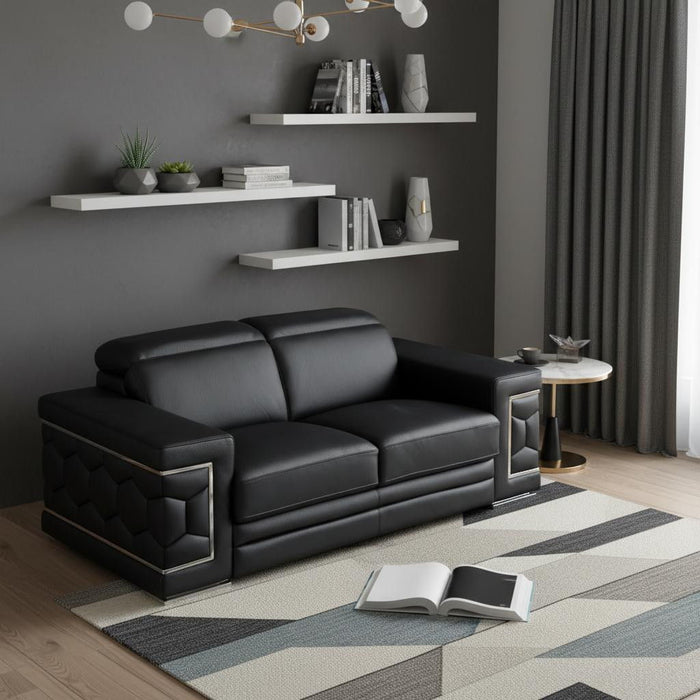 Genuine Leather Love Seat - Black / Silver