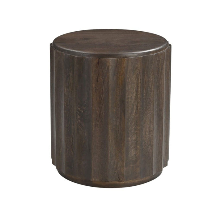 23" Distressed Solid Wood Round Scalloped Drum End Table - Brown