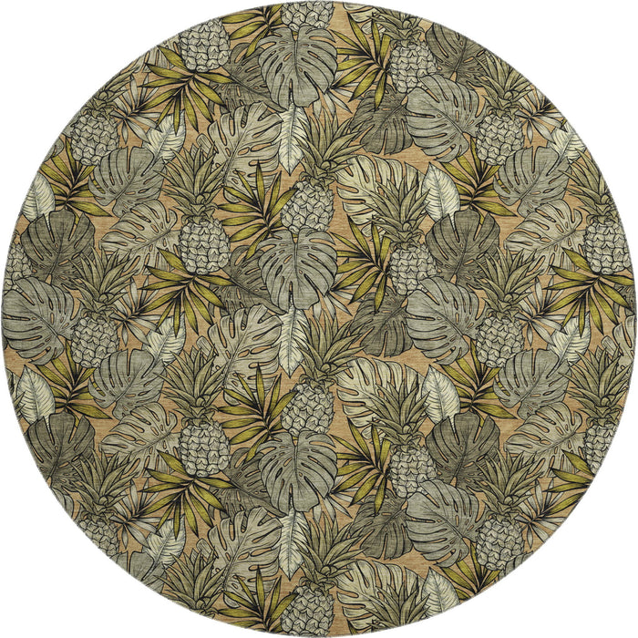 8' Tropical Botanical Distressed Washable Round Rug With UV Protection (646370) - Khaki / Gray / Yellow