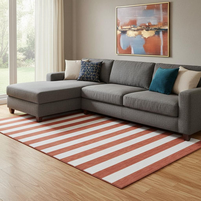 9' X 12' Striped Washable Area Rug With UV Protection (647649) - Red / Ivory