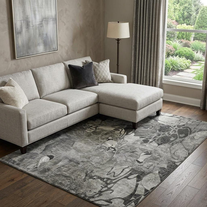 9' X 12' Abstract Distressed Washable Area Rug With UV Protection (648987) - Gray / Ivory
