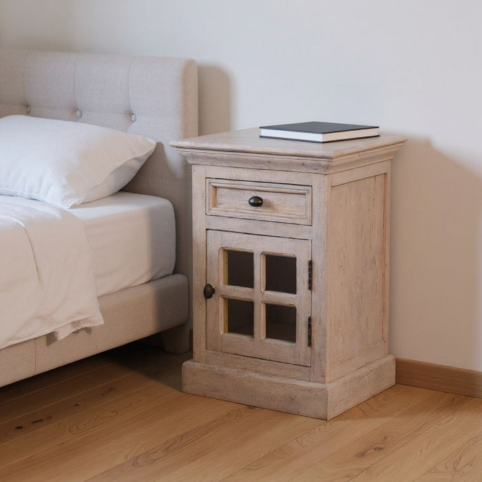 24" Solid Wood And Glass Distressed Two Drawer Nightstand - Gray