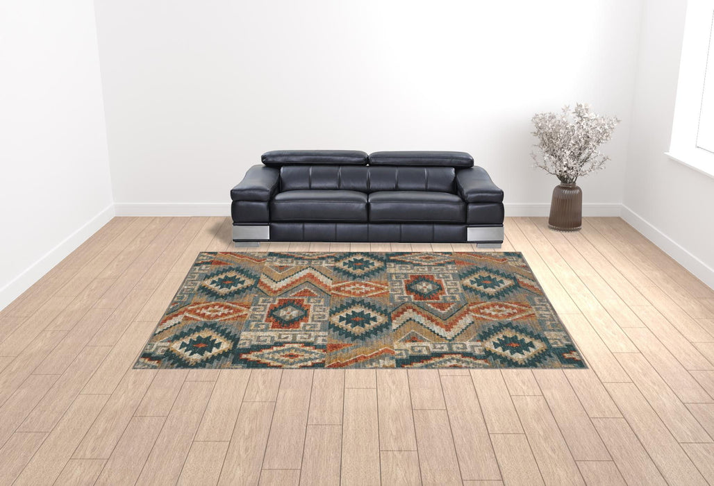 10' x 13' Geometric Power Loom Stain Resistant Area Rug - Blue Teal Gray Orange Gold Ivory And Rust