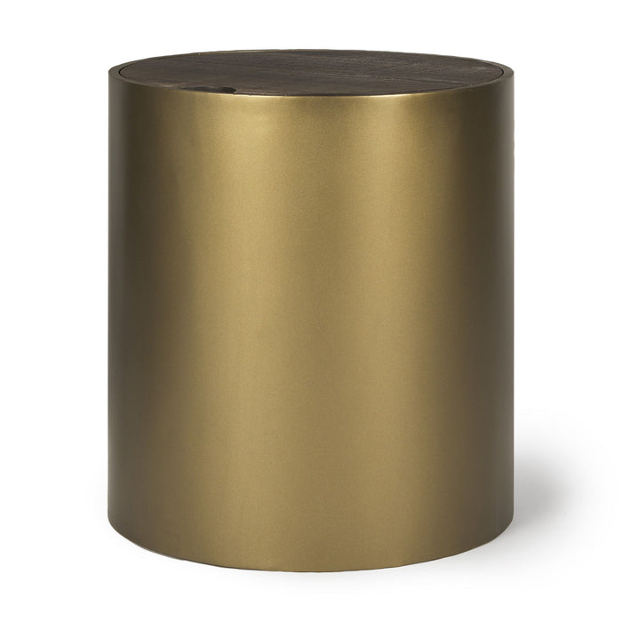 22" Antiqued Metal And Solid Wood Drum End Table With Storage - Gold