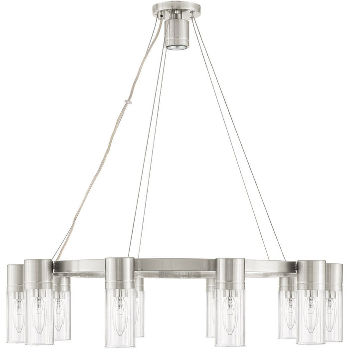 HomeRoots nickel metal chandelier with ten lights and clear shades, featuring a dimmable design for elegant lighting.