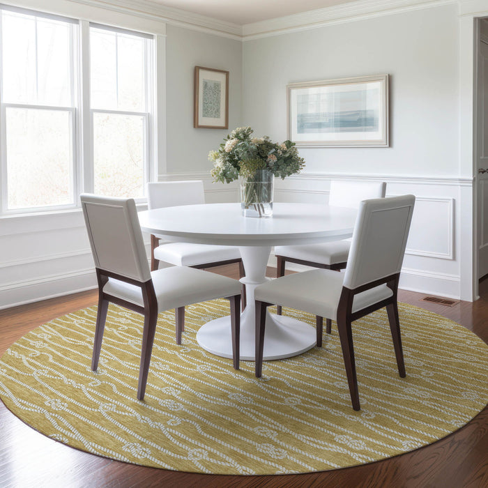 8' Nautical Washable Round Rug With UV Protection - Gold And Ivory