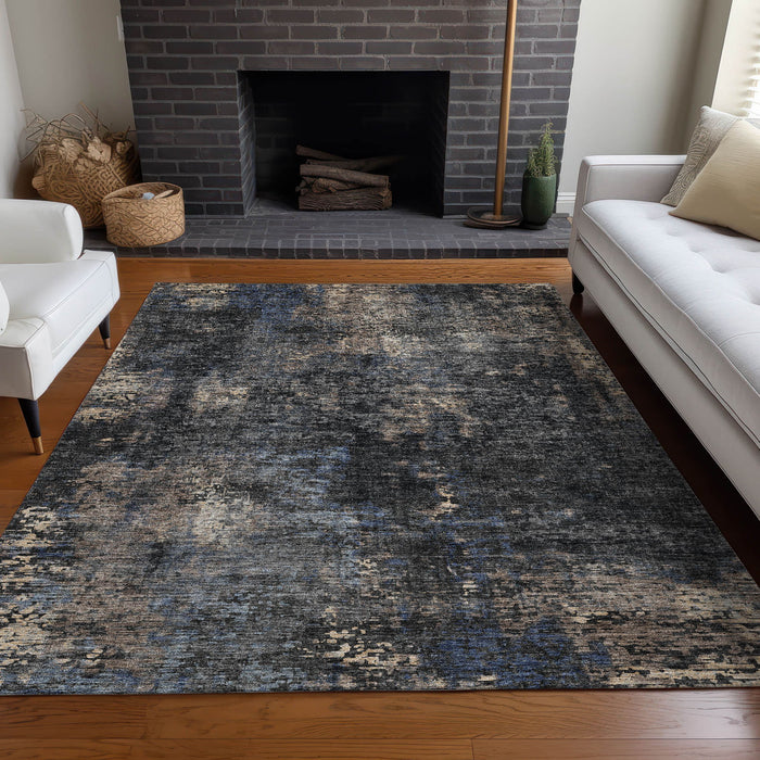 10' X 14' Abstract Washable Area Rug With UV Protection - Charcoal And Beige