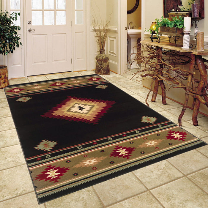 10' x 13' Southwestern Power Loom Stain Resistant Area Rug - Black And Green