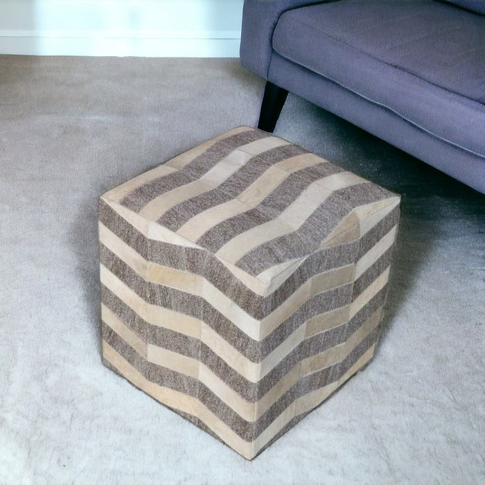Hair on Hide Cube Chevron Pouf Ottoman - Gray And Beige