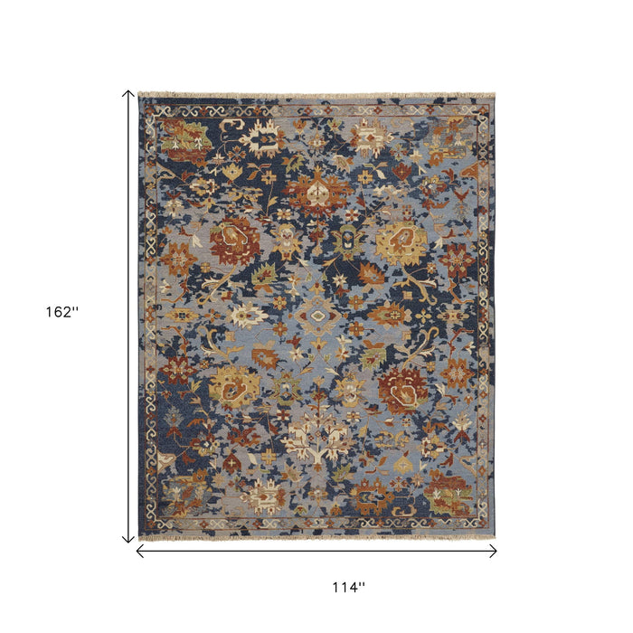9' X 13' Floral Hand Knotted Area Rug With Fringe - Blue