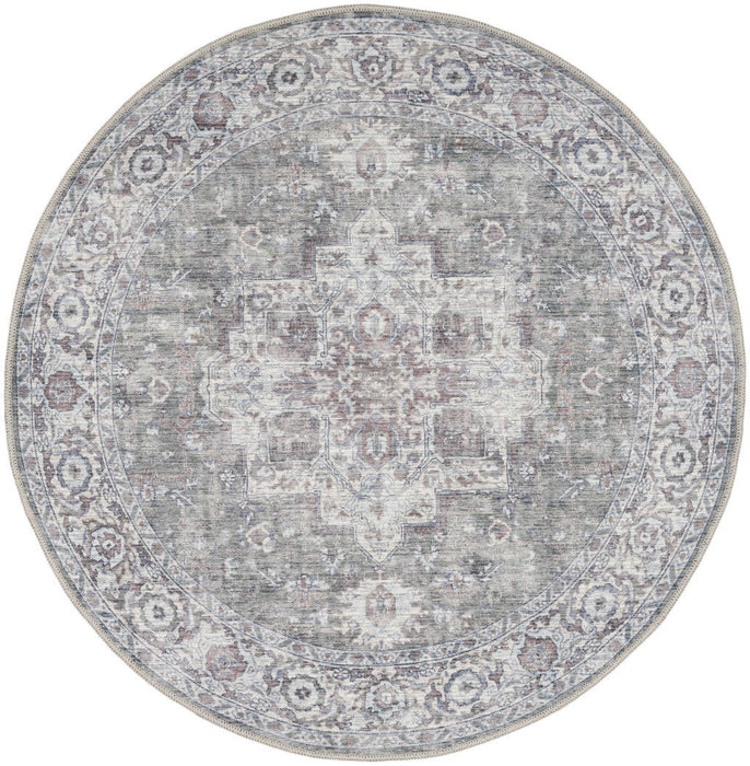 8' Floral Power Loom Worn Faded Round Rug (573548) - Gray