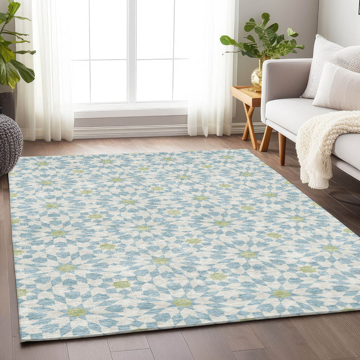 8' X 10' Transitional Geometric Washable Area Rug With UV Protection - Sky Blue